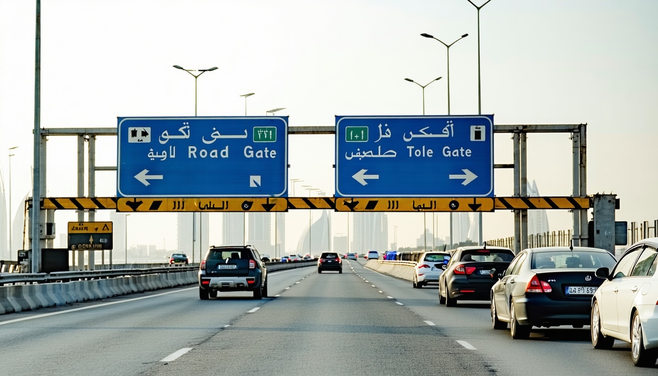 Dubai road toll gate with cars passing through