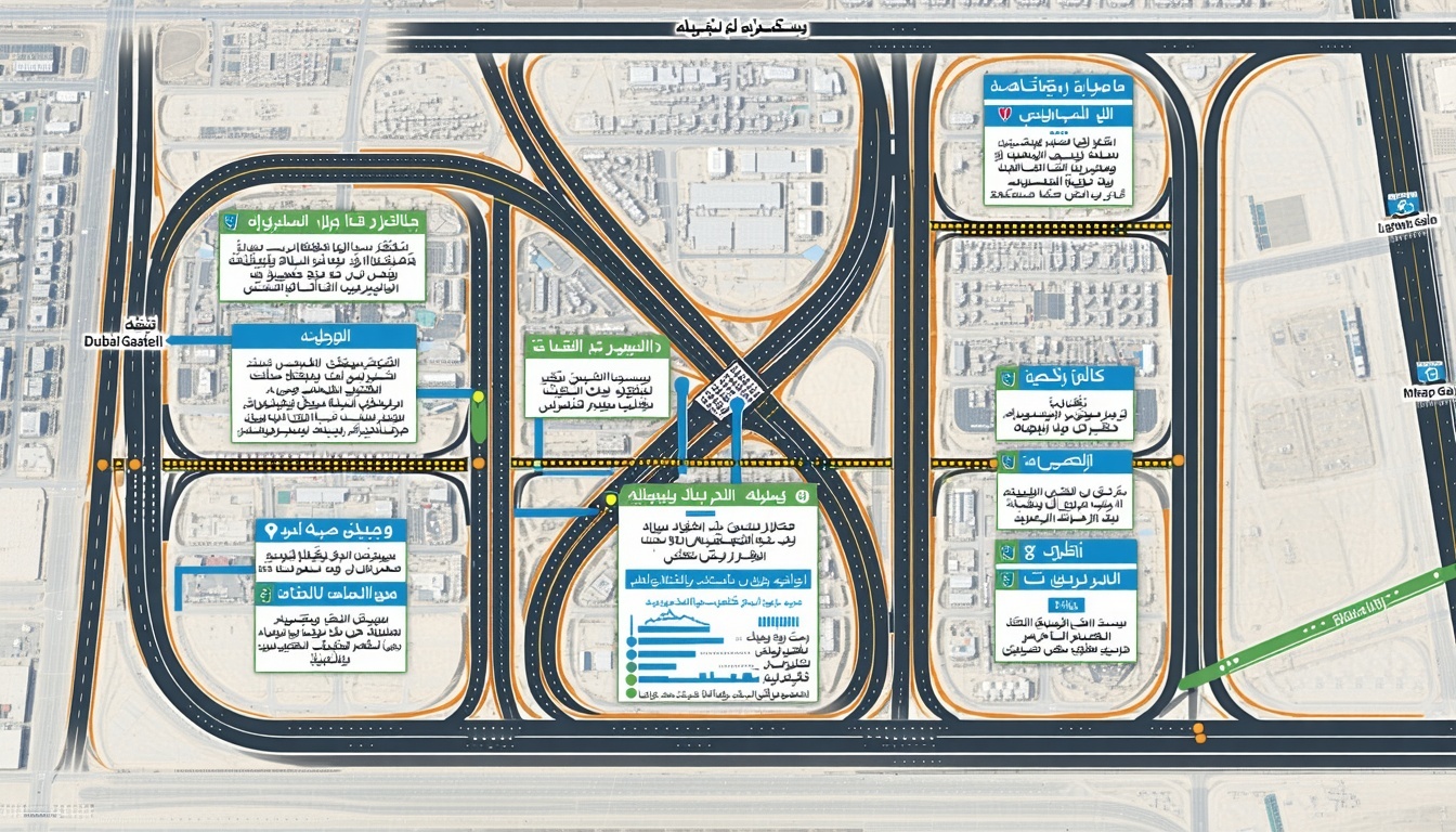 Map of Dubai highlighting major toll gate locations