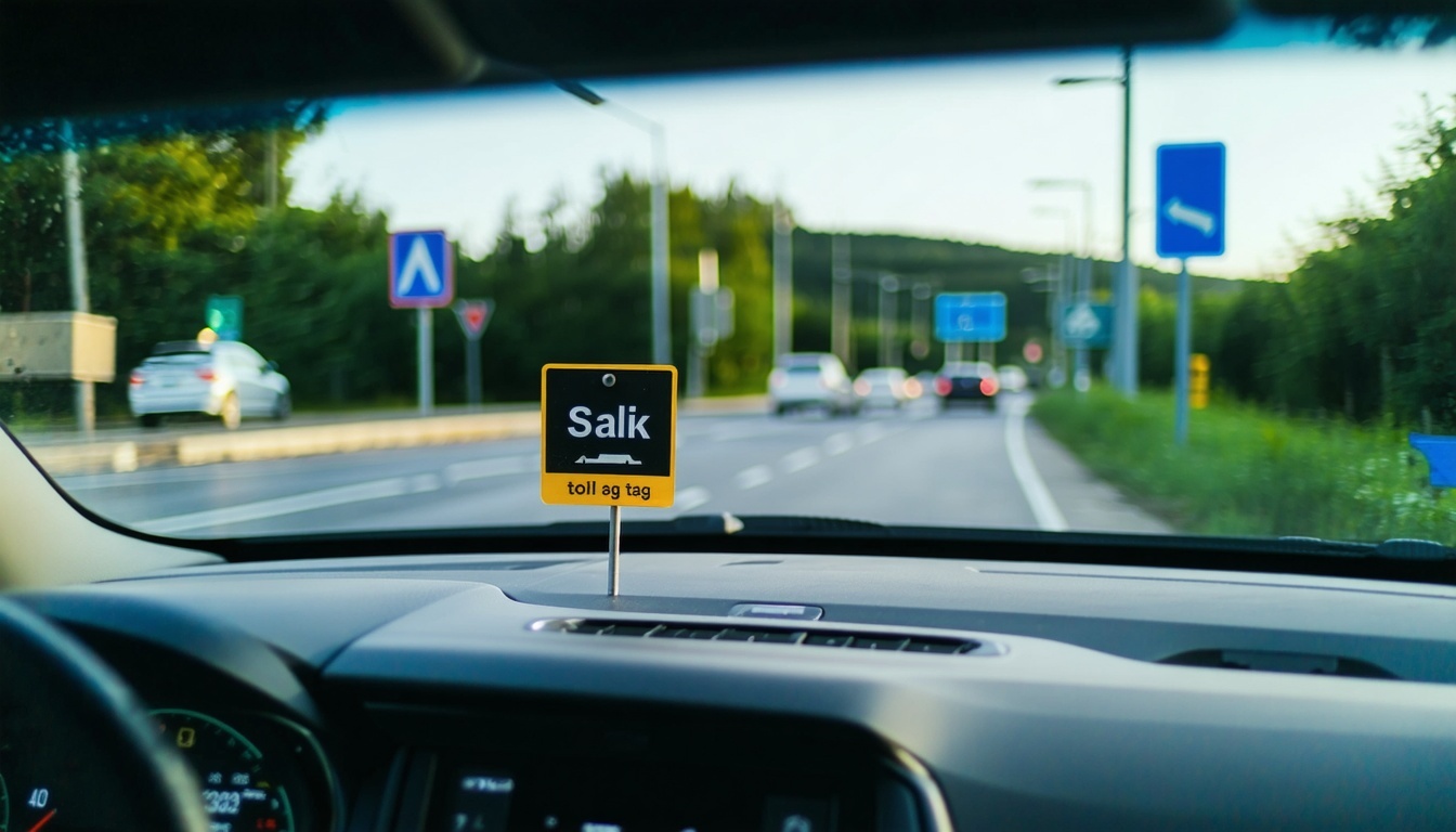 Salik electronic toll tag on a vehicle windshield