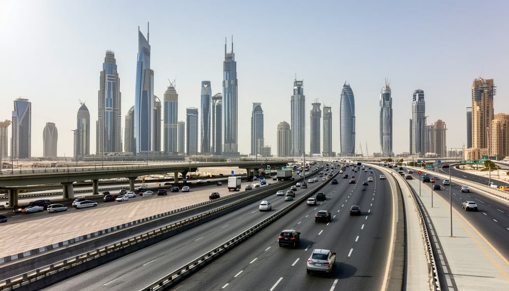 Dubai skyline with highways and road toll gantries