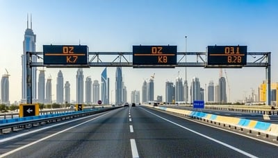 Modern Dubai road with electronic toll gantries and city skyline